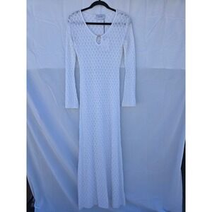 Romy Havana Dress White Long Sleeve Pointelle Knit Maxi V-Neck Keyhole Small NWT